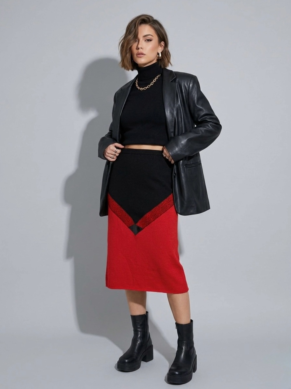 Vintage 80s Colorblock Chevron Knit Midi Skirt Red Black Animal Print Size S